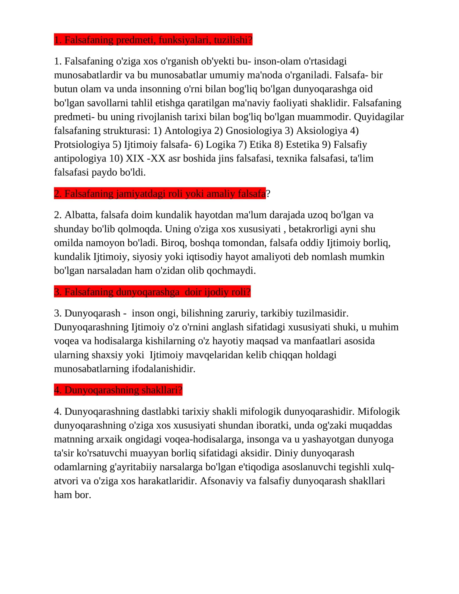 Falsafaning predmeti, funksiyalari, tuzilishi?