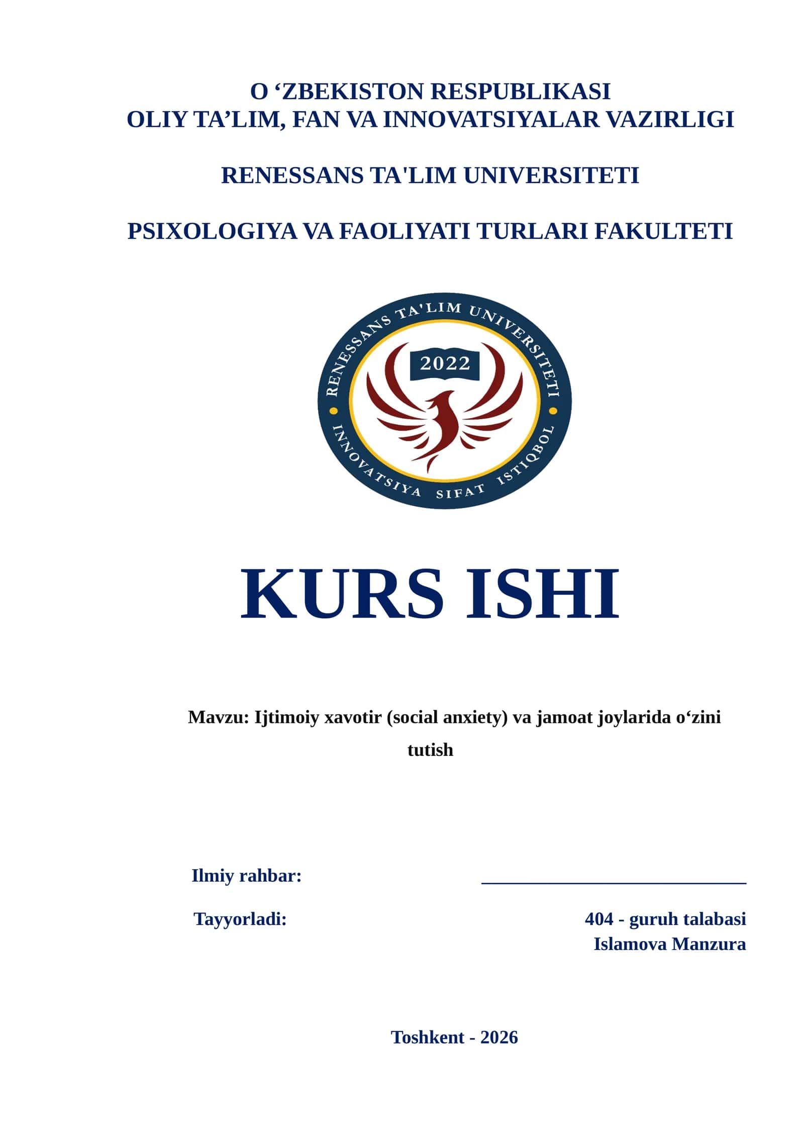 Ijtimoiy xavotir (social anxiety) va jamoat joylarida o‘zini tutish