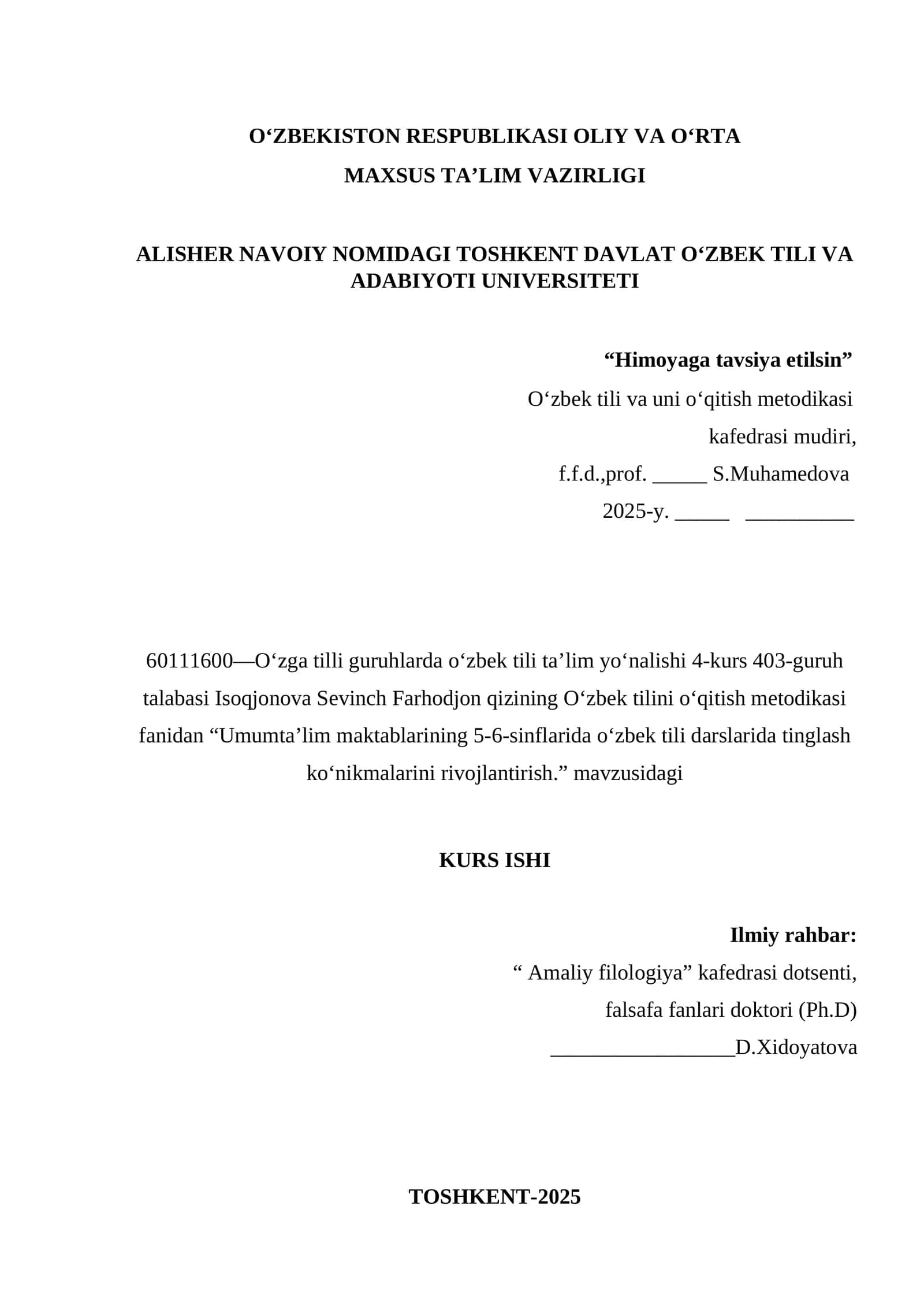 Umumta’lim maktablarining 5-6-sinflarida o‘zbek tili darslarida tinglash ko‘nikmalarini rivojlantirish