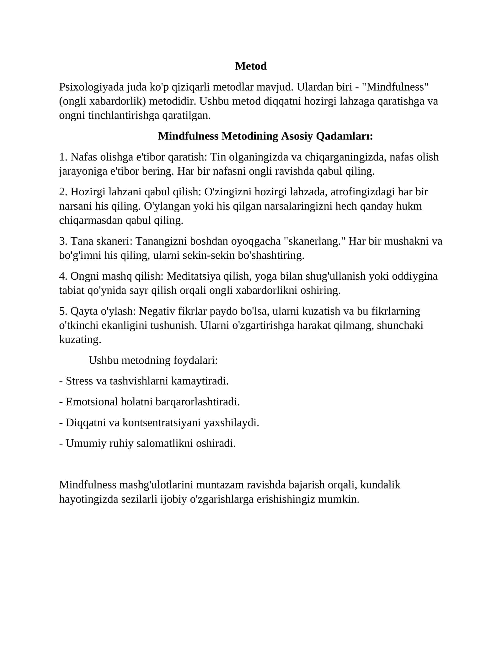 Mindfulness Metodining Asosiy Qadamları