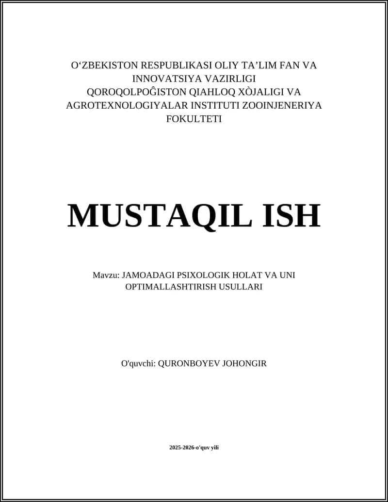 JAMOADAGI PSIXOLOGIK HOLAT VA UNI OPTIMALLASHTIRISH USULLARI