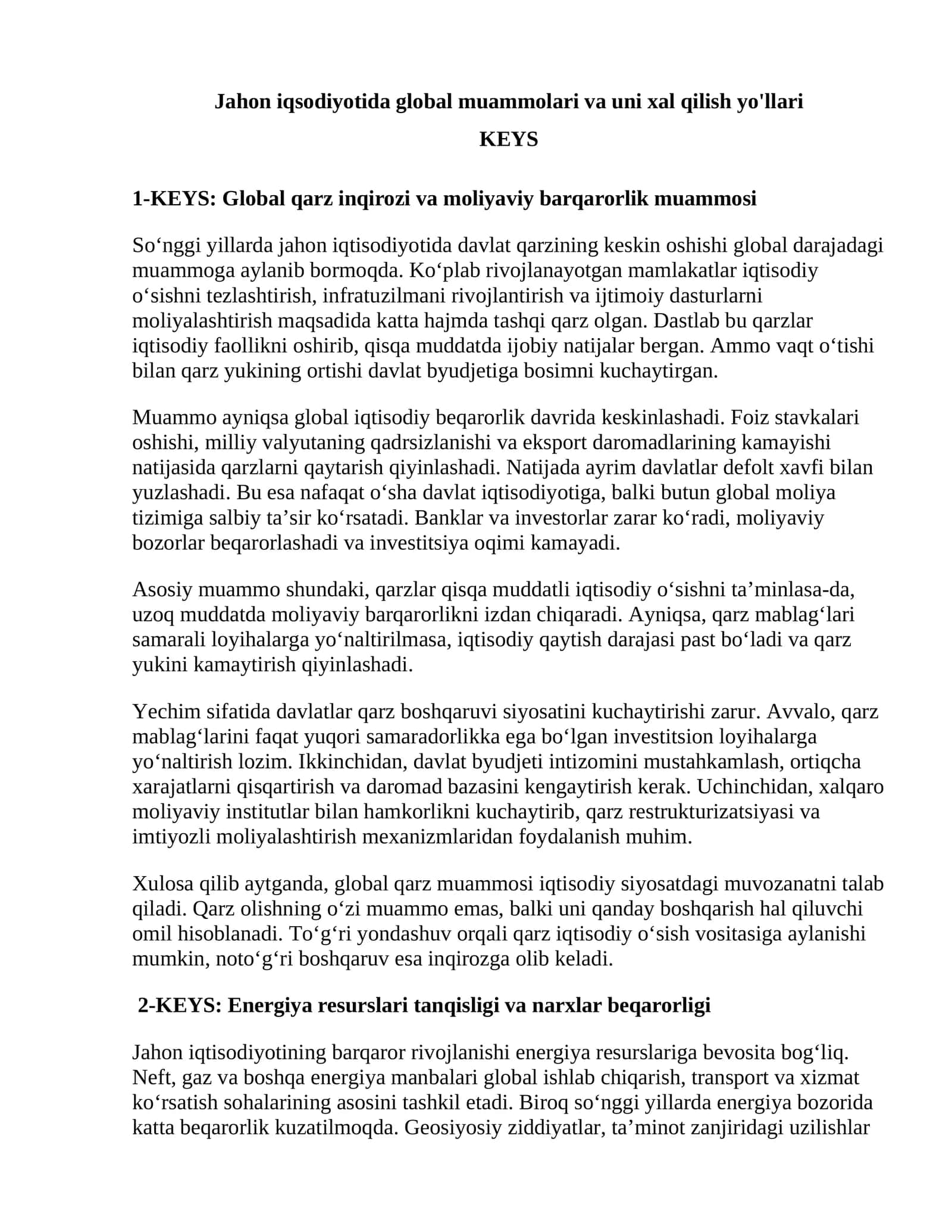 Global iqtisodiyotda global muammolar va uni xal qilish yo'llari