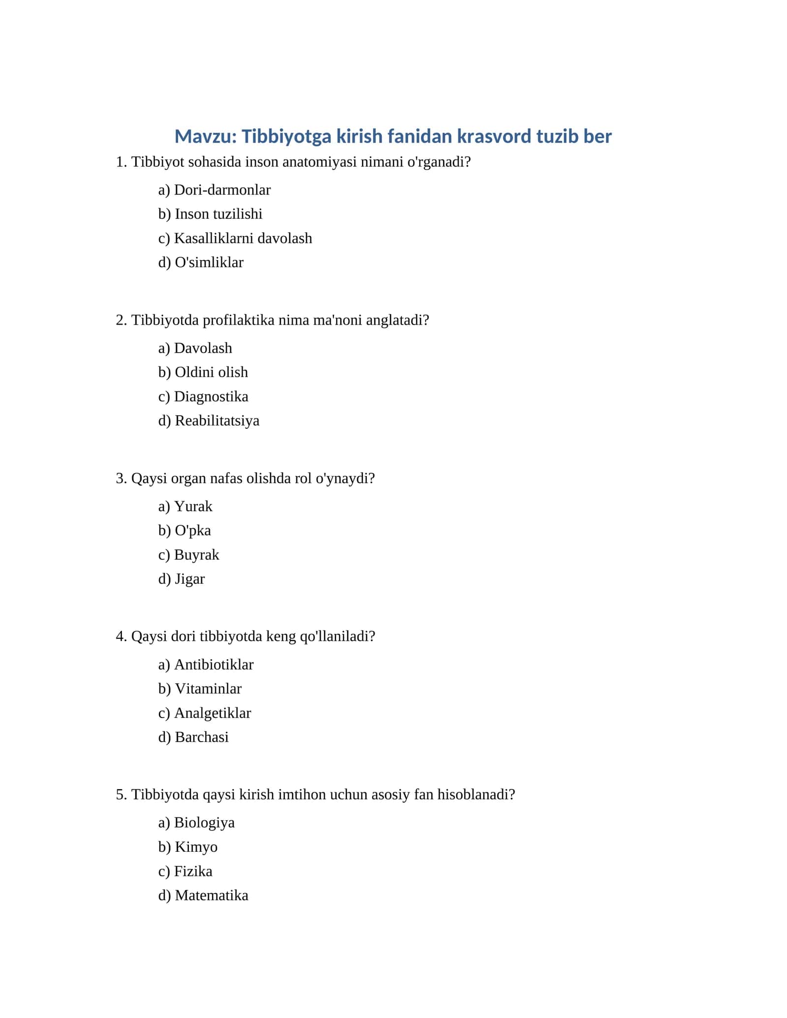Tibbiyotga kirish fanidan krasvord tuzib ber
