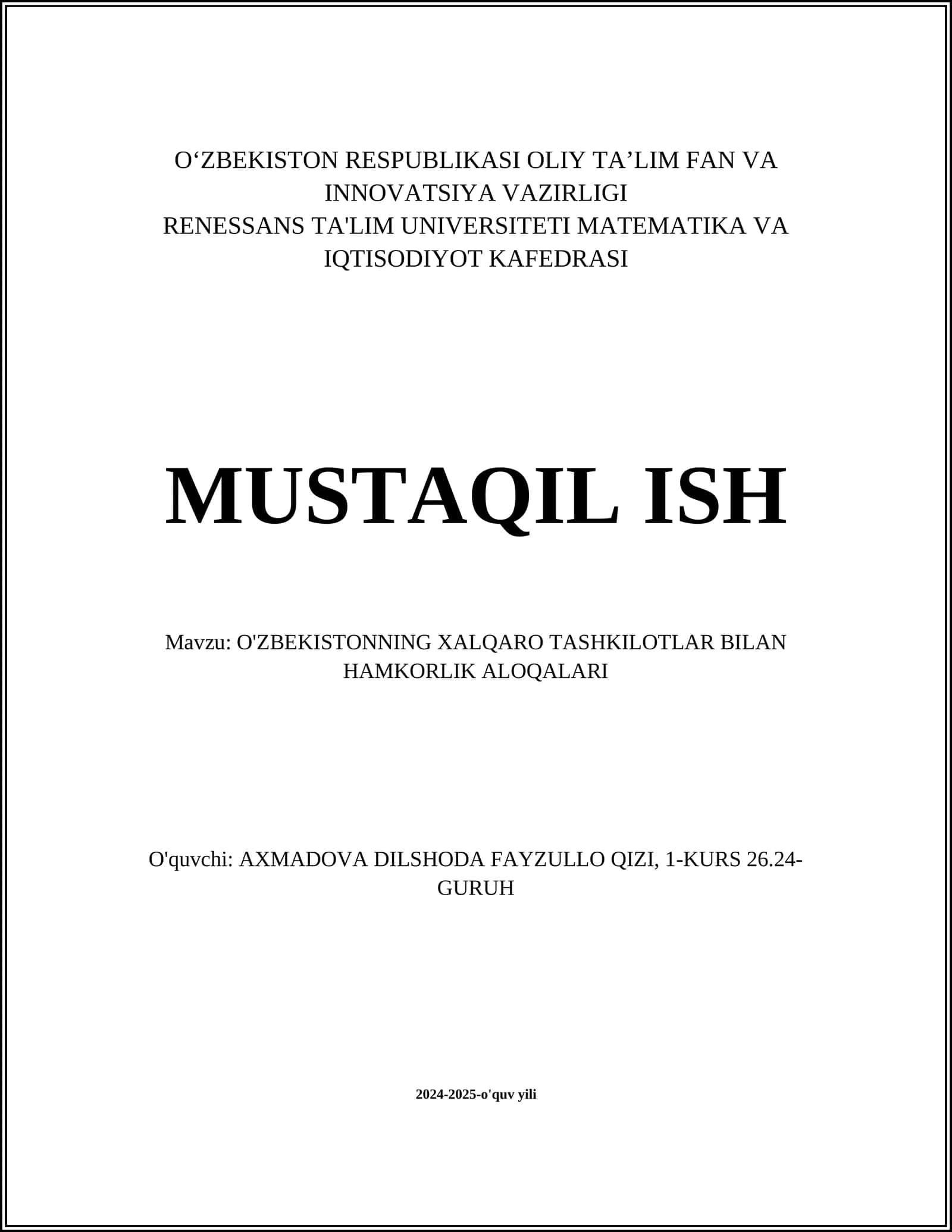 O'ZBEKISTONNING XALQARO TASHKILOTLAR BILAN HAMKORLIK ALOQALARI