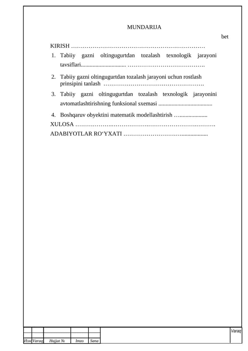 Tabiiy gaz oltingugirti tozalash texnologiyasini avtomatlashtirish