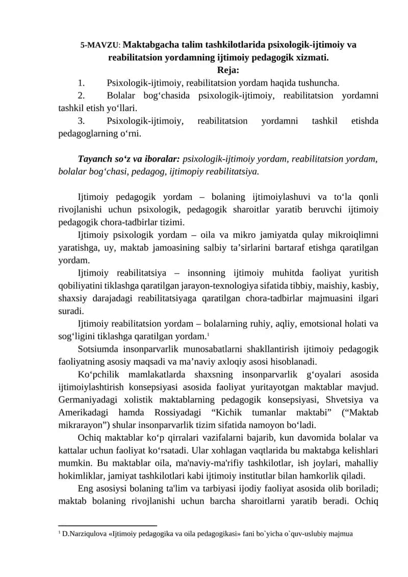 Maktabgacha talim tashkilotlarida psixologik-ijtimoiy va reabilitatsion yordamning ijtimoiy pedagogik xizmati