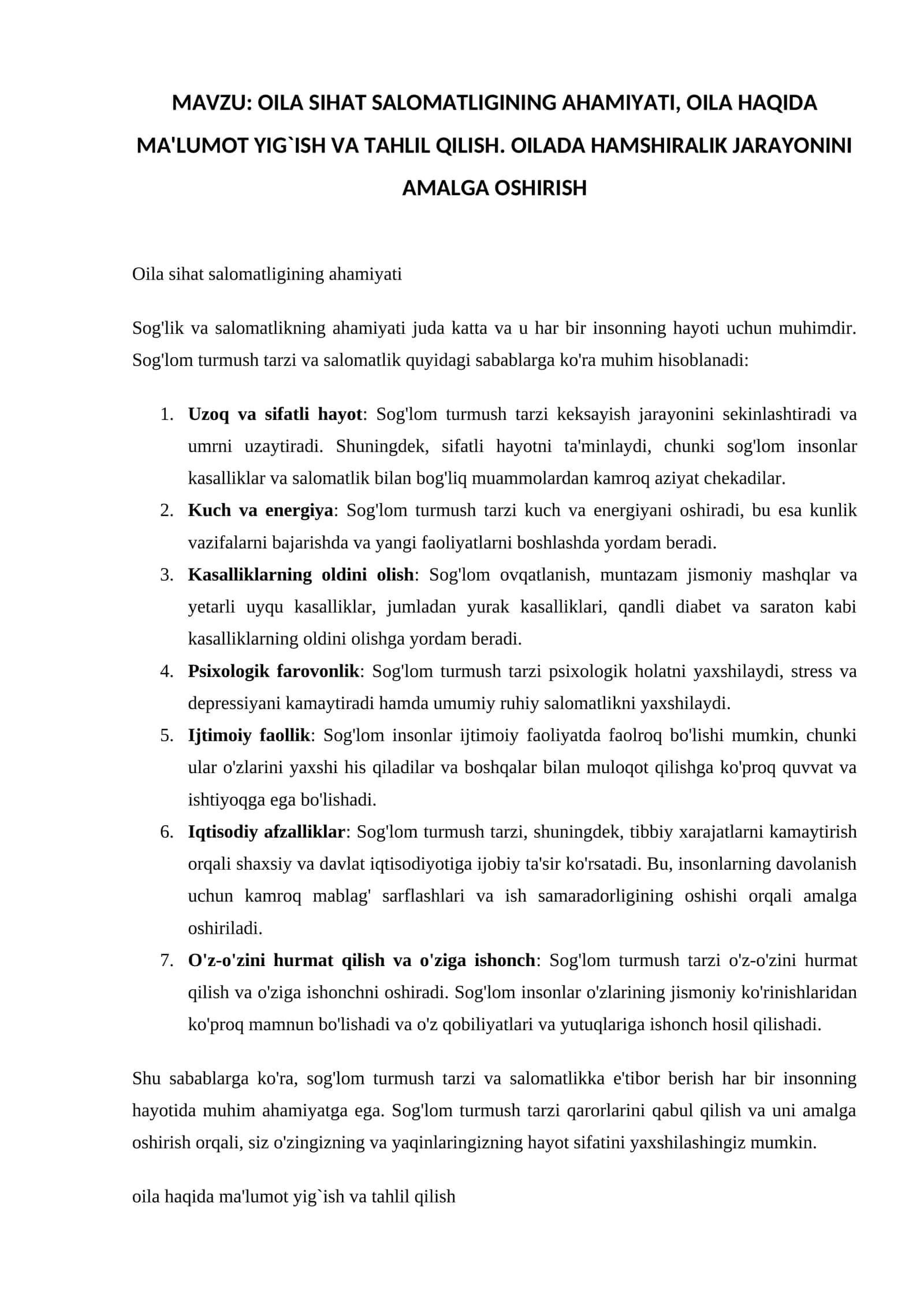 OILA SIHAT SALOMATLIGINING AHAMIYATI