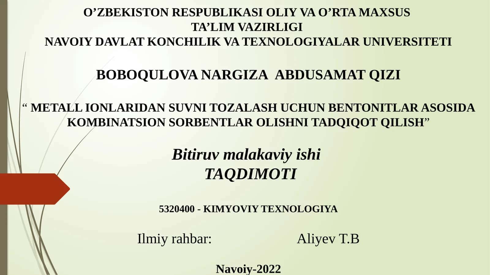 METALL IONLARIDAN SUVNI TOZALASH UCHUN BENTONITLAR ASOSIDA KOMBINATSION SORBENTLAR OLISHNI TADQIQOT QILISH