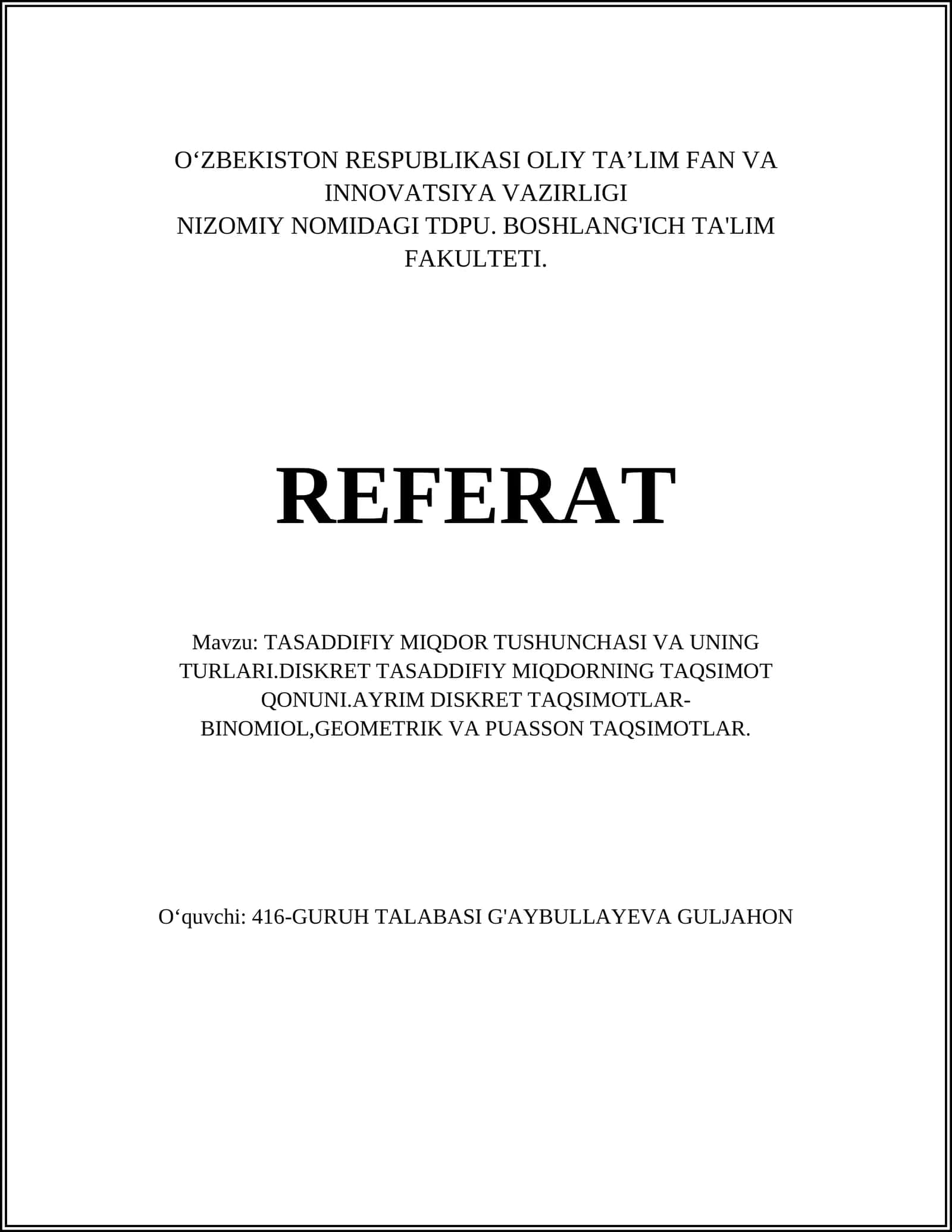 TASADDIFIY MIQDOR TUSHUNCHASI VA UNING TURLARI