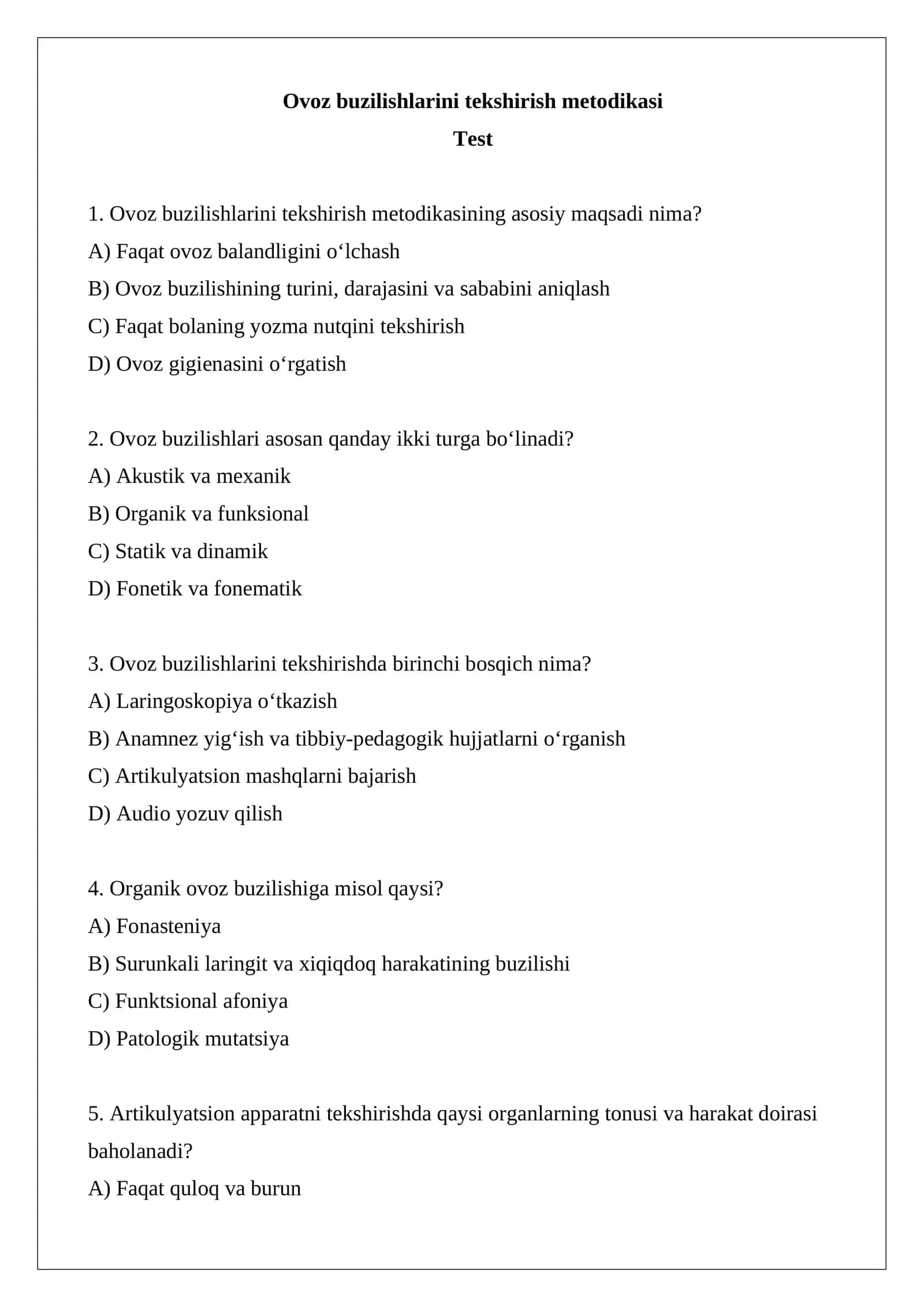 Ovoz buzilishlarini tekshirish metodikasi