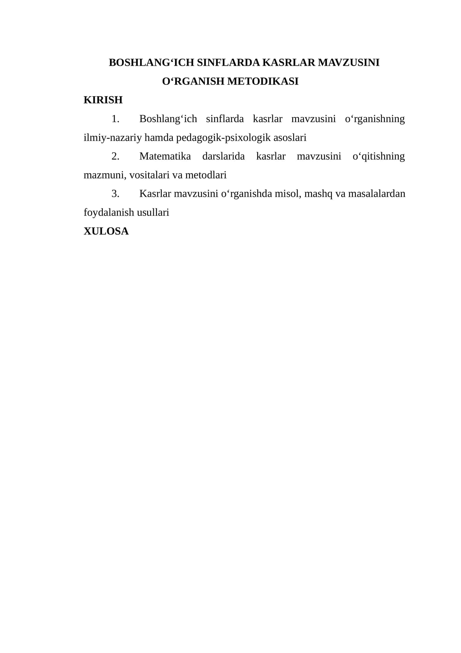 BOSHLANG‘ICH SINFLARDA KASRLAR MAVZUSINI O‘RGANISH METODIKASI