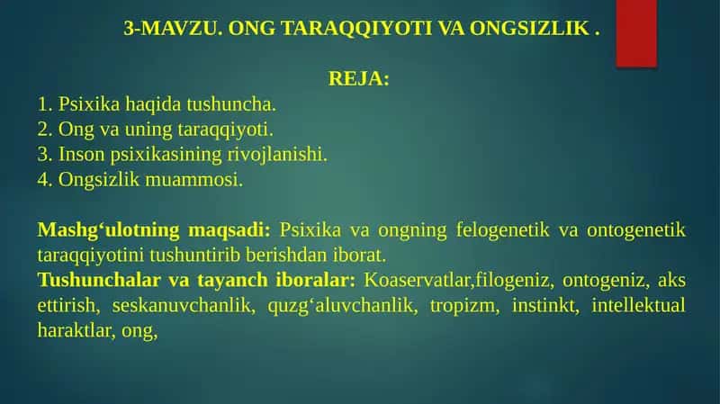 MAVZU. ONG TARAQQIYOTI VA ONGSIZLIK