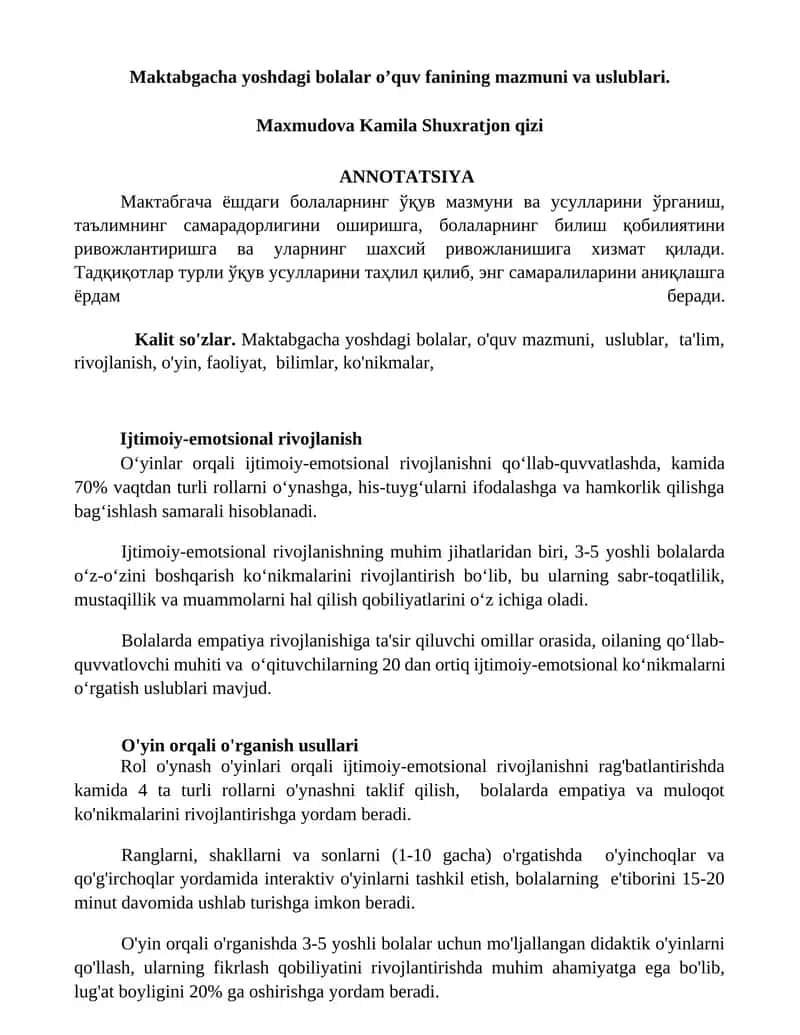 Maktabgacha yoshdagi bolalar o’quv fanining mazmuni va uslublari.