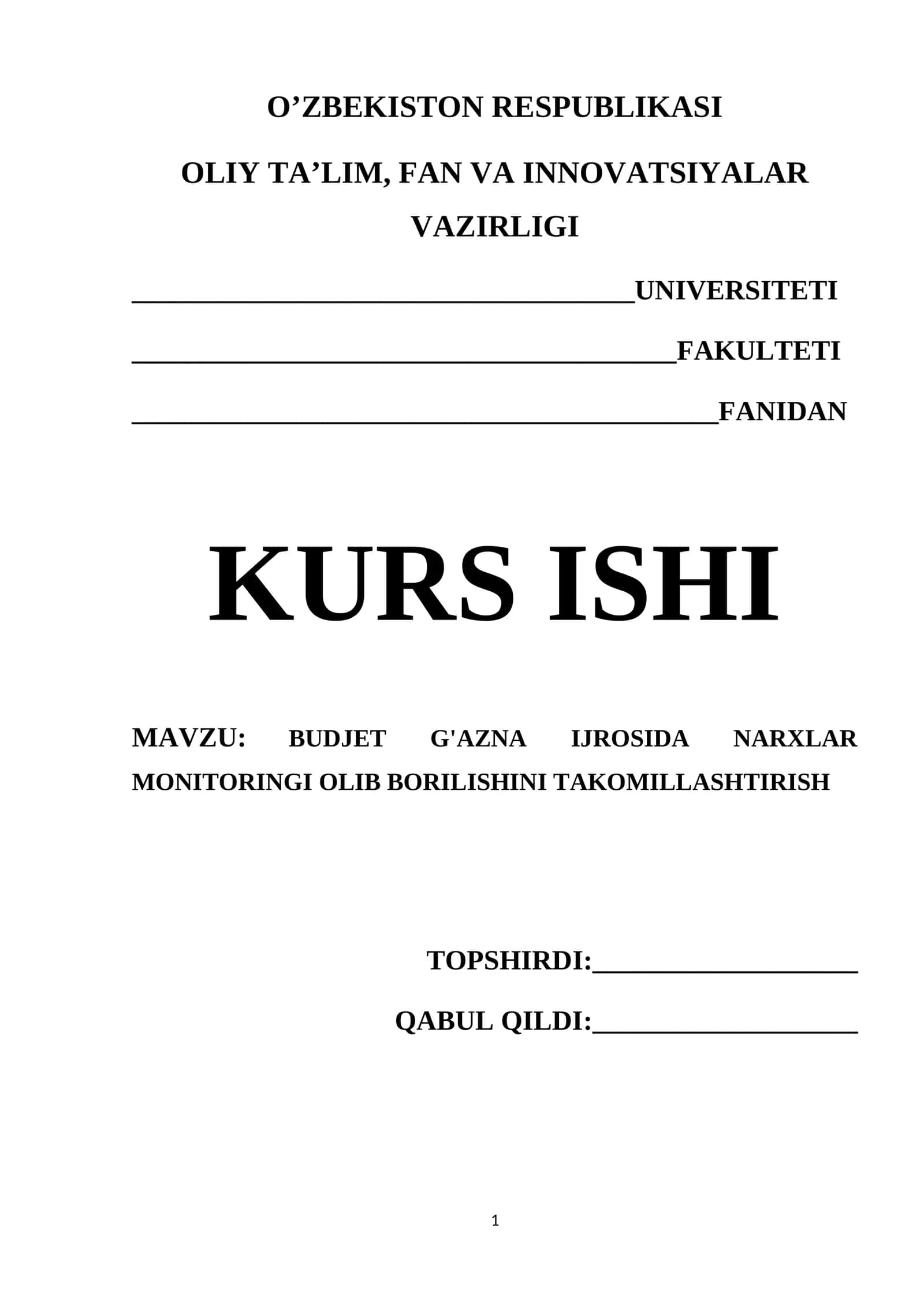 BUDJET G'AZNA IJROSIDA NARXLAR MONITORINGI OLIB BORILISHINI TAKOMILLASHTIRISH
