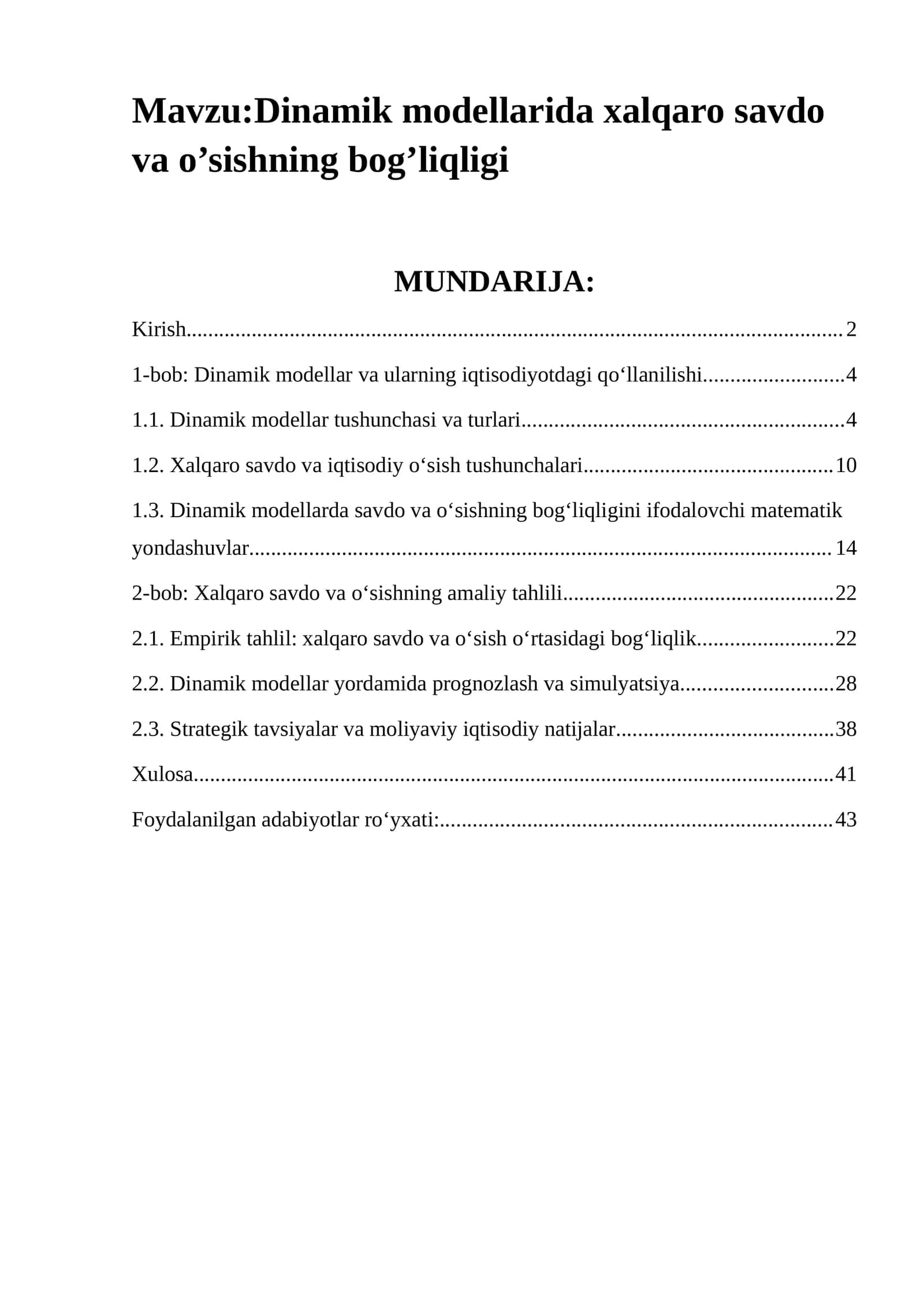 Dinamik modellarida xalqaro savdo va o’sishning bog’liqligi