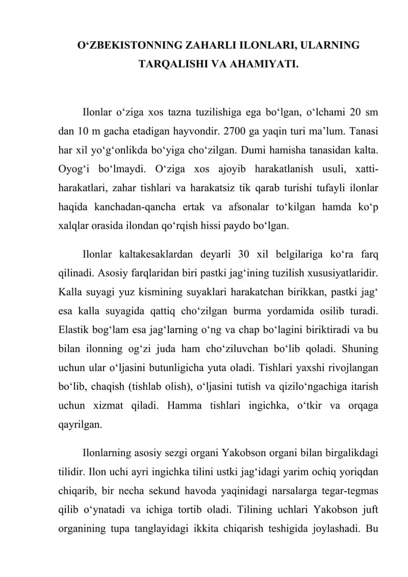 О‘ZBEKISTONNING ZAHARLI ILONLARI, ULARNING TARQALISHI VA AHAMIYATI.