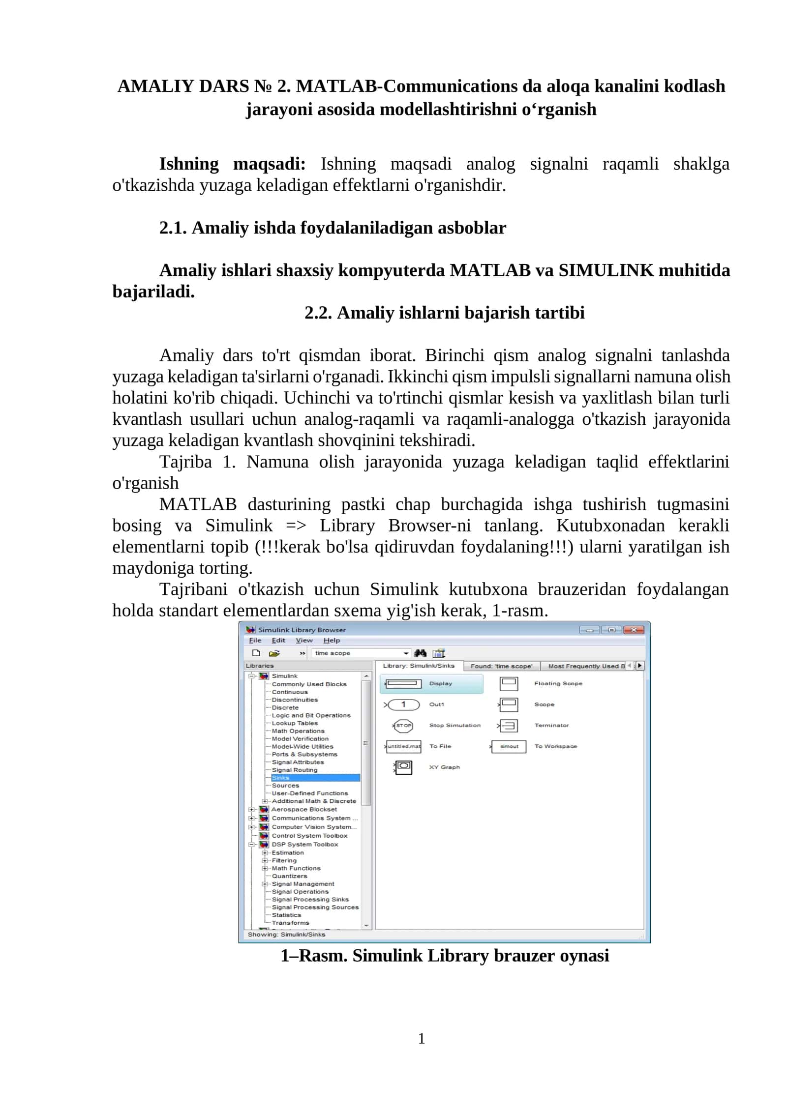 AMALIY DARS № 2. MATLAB-Communications da aloqa kanalini kodlash jarayoni asosida modellashtirishni o‘rganish