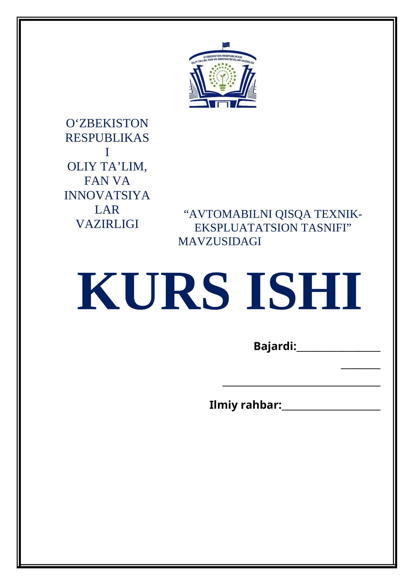 AVTOMABILNI QISQA TEXNIK-EKSPLUATATSION TASNIFI