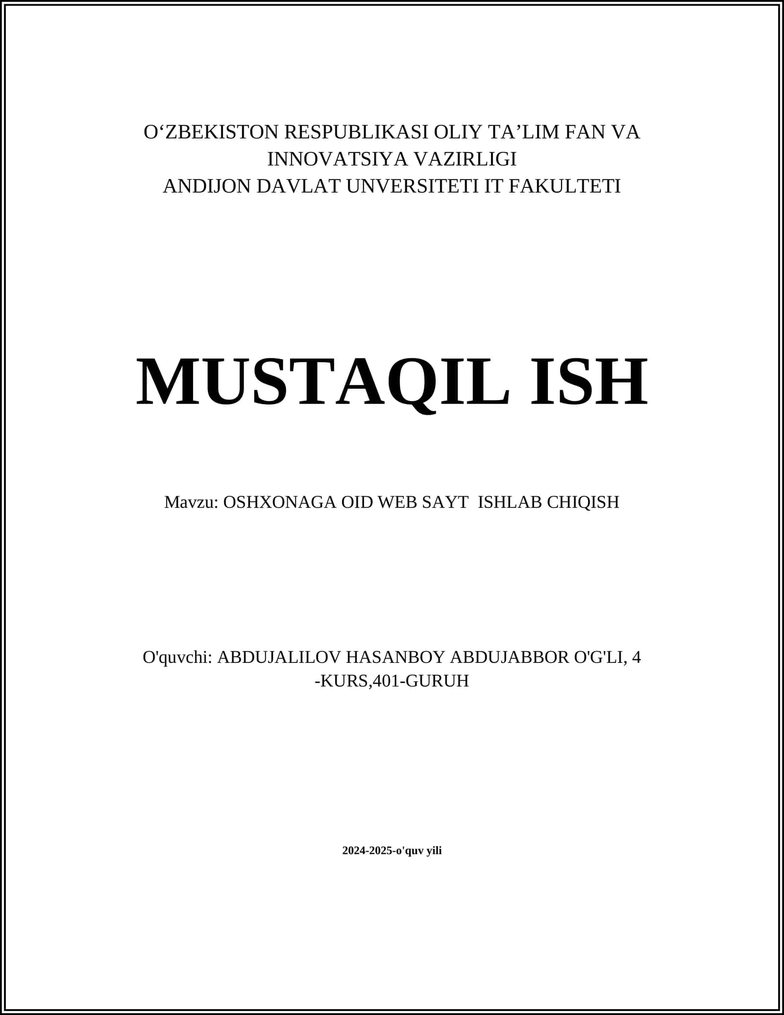 OSHXONAGA OID WEB SAYT ISHLAB CHIQISH