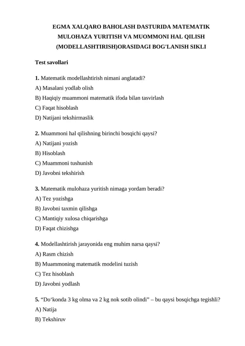 EGMA XALQARO BAHOLASH DASTURIDA MATEMATIK MULOHAZA YURITISH VA MUOMMONI HAL QILISH (MODELLASHTIRISH) ORASIDAGI BOG'LANISH SIKLI