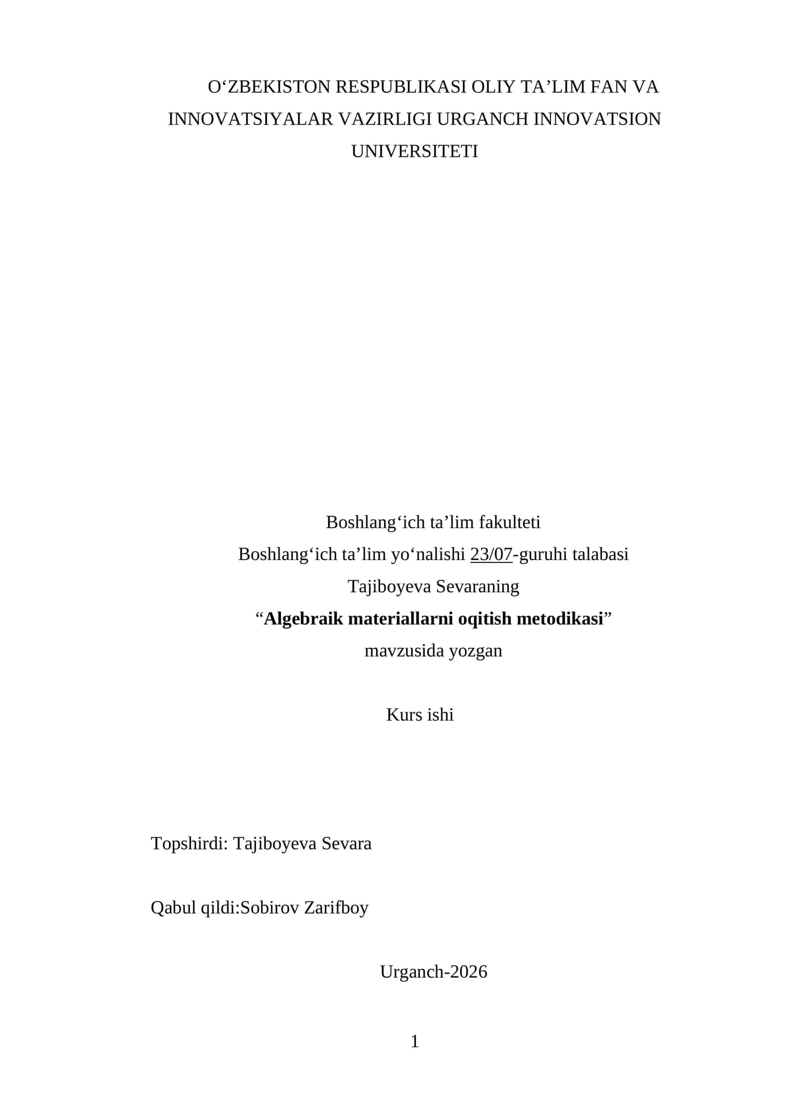 Algebraik materiallarni oqitish metodikasi