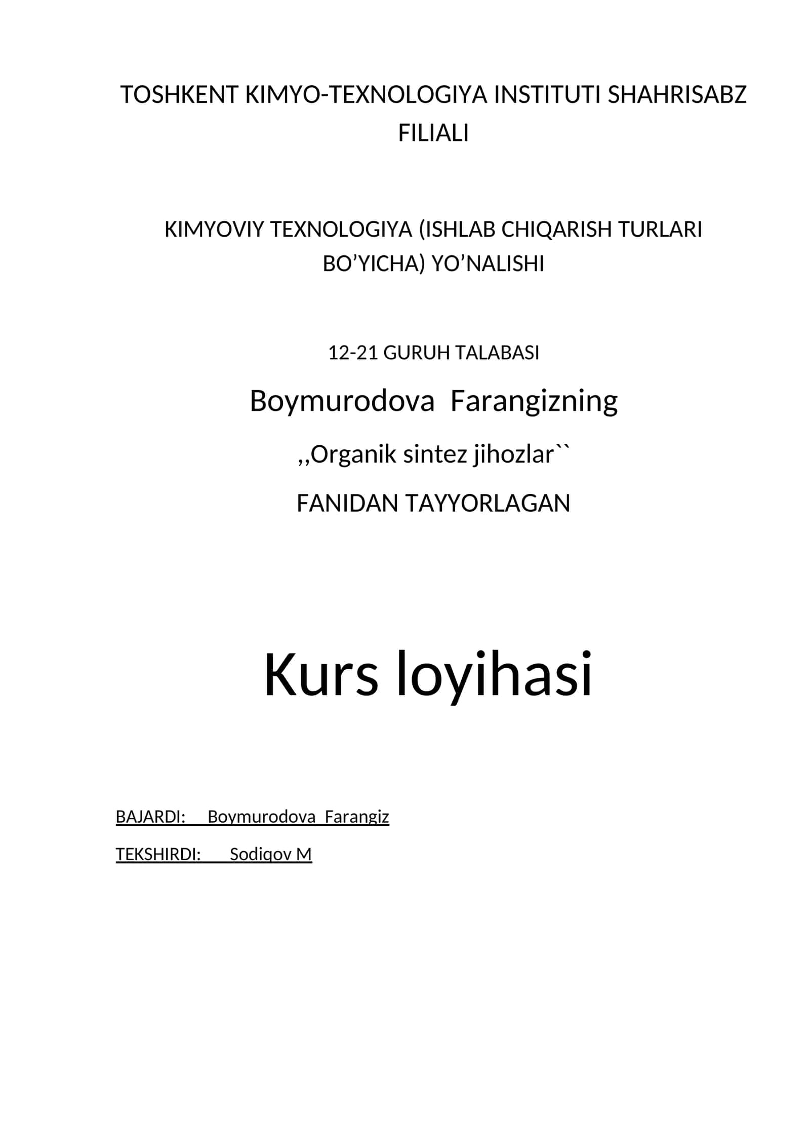 Benzolni gaz fazada oksidlash bilan malein angidrid ishlab chiqarish texnologiyasidagi oksidlash kolonnasini hisoblash