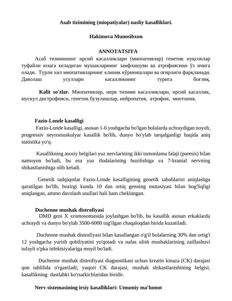Asab tizimining (miopatiyalar) nasliy kasalliklari