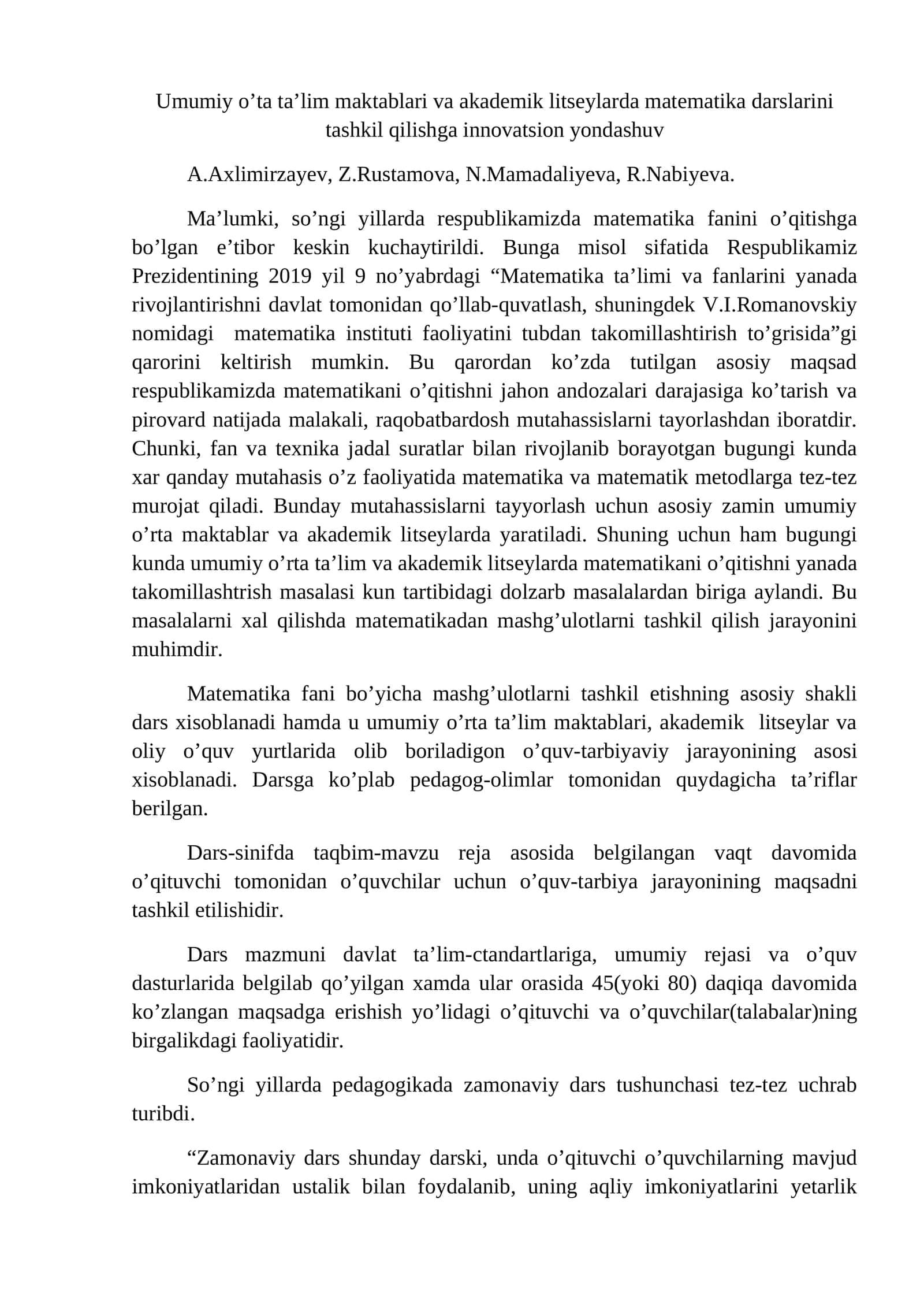 Matematika fanini o’qitish innovatsion yondashuv