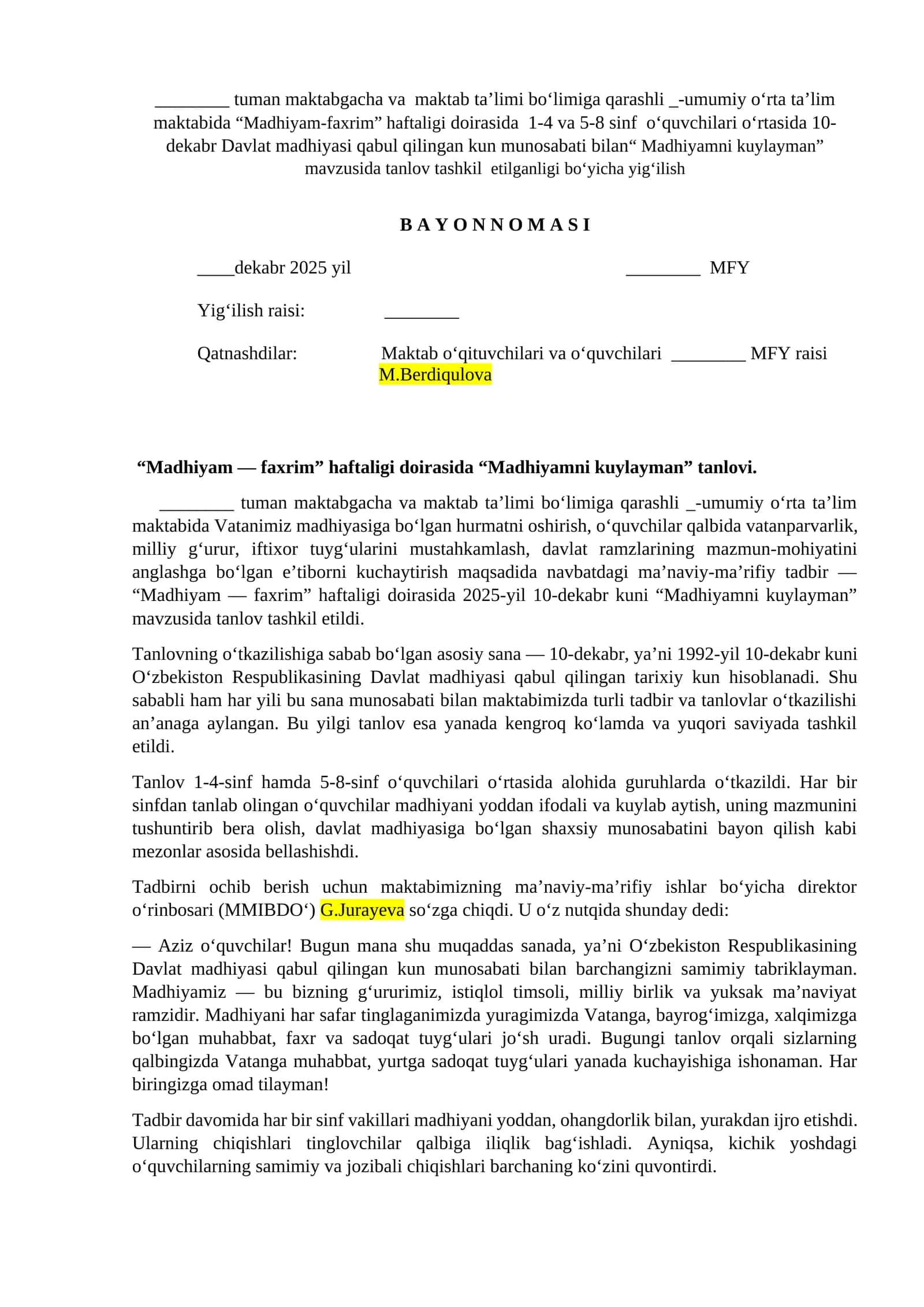 “Madhiyamni kuylayman” tanlovi