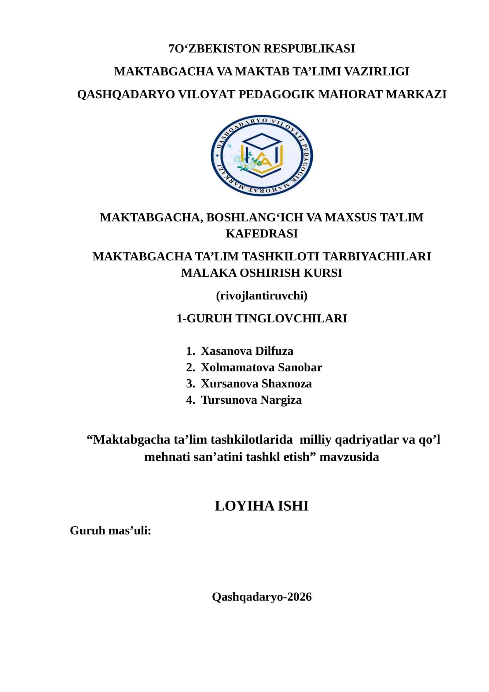 Maktabgacha ta’lim tashkilotlarida milliy qadriyatlar va qo’l mehnati san’atini tashkl etish