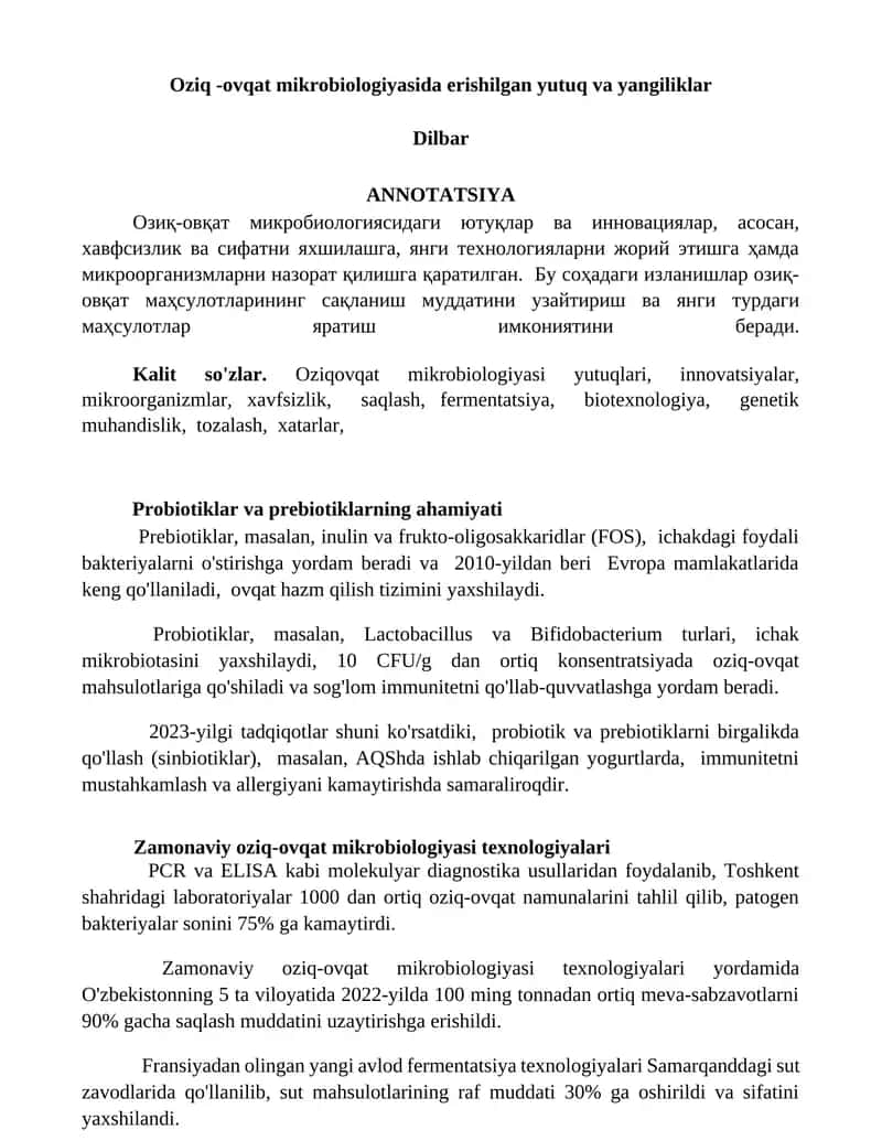 Oziq -ovqat mikrobiologiyasida erishilgan yutuq va yangiliklar