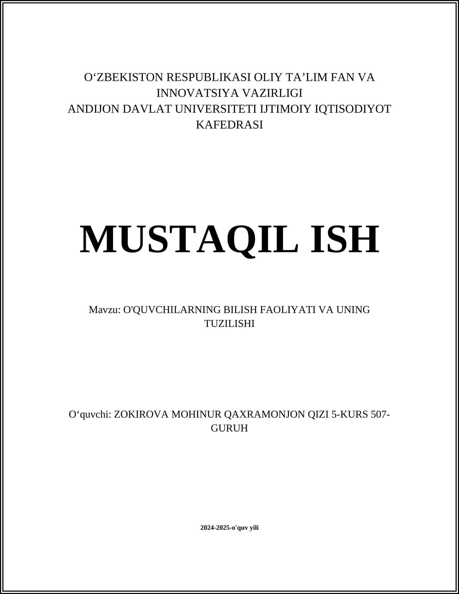 O'QUVCHILARNING BILISH FAOLIYATI VA UNING TUZILISHI