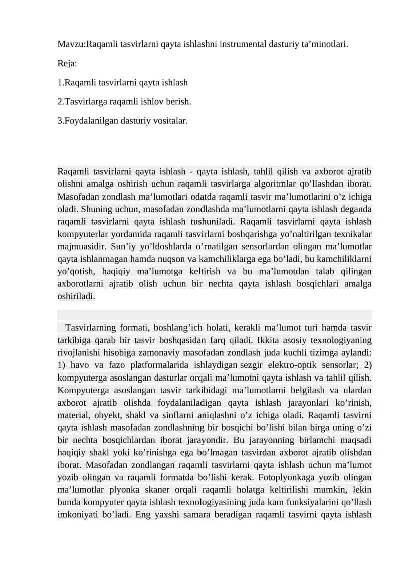 Raqamli tasvirlarni qayta ishlashni instrumental dasturiy ta’minotlari