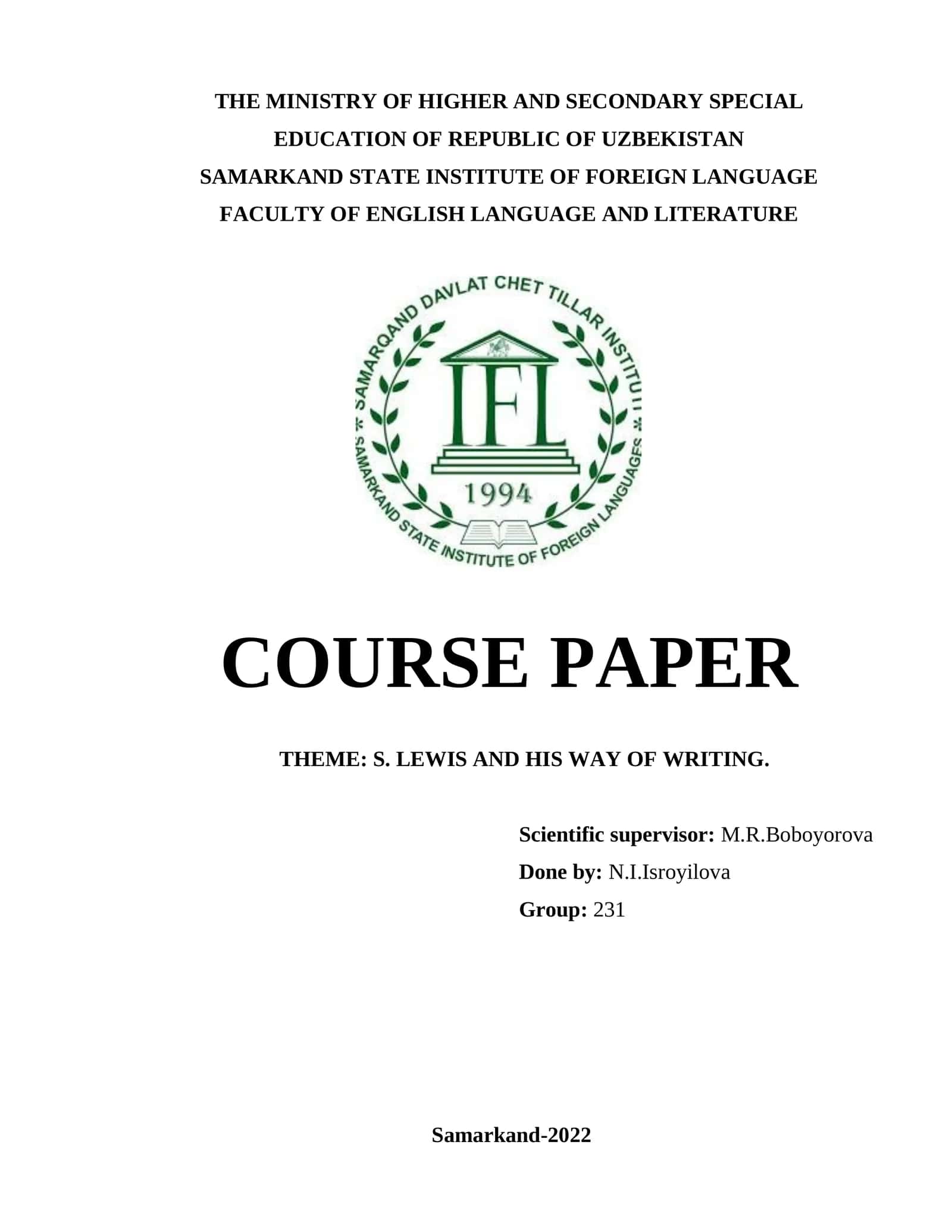 COURSE PAPER: S. LEWIS AND HIS WAY OF WRITING