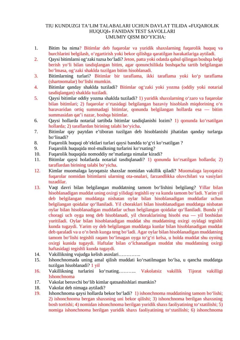 TIU KUNDUZGI TA’LIM TALABALARI UCHUN DAVLAT TILIDA «FUQAROLIK HUQUQI» FANIDAN TEST SAVOLLARI