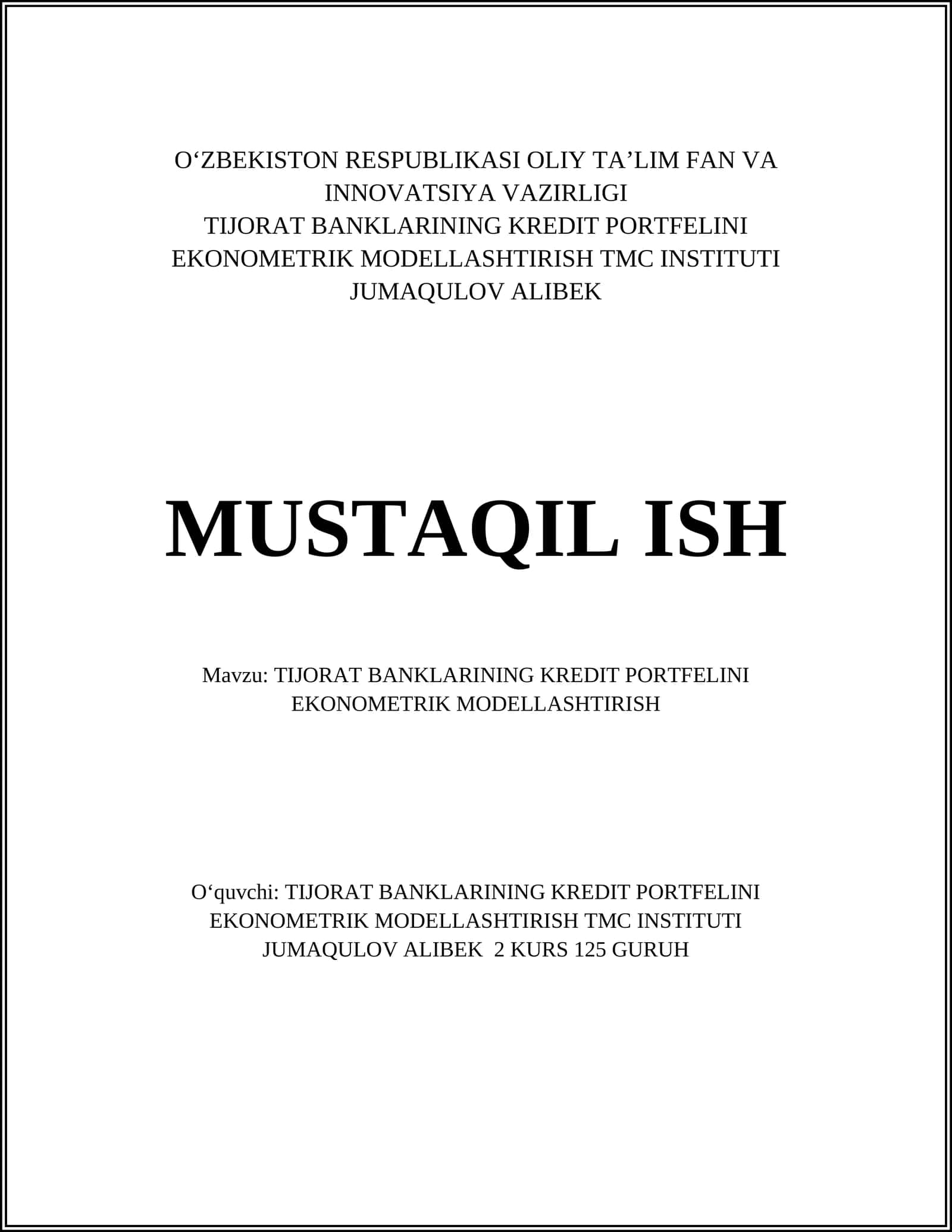 Tijorat Banklarining Kredit Portfelini Ekonomik Modellashtirish