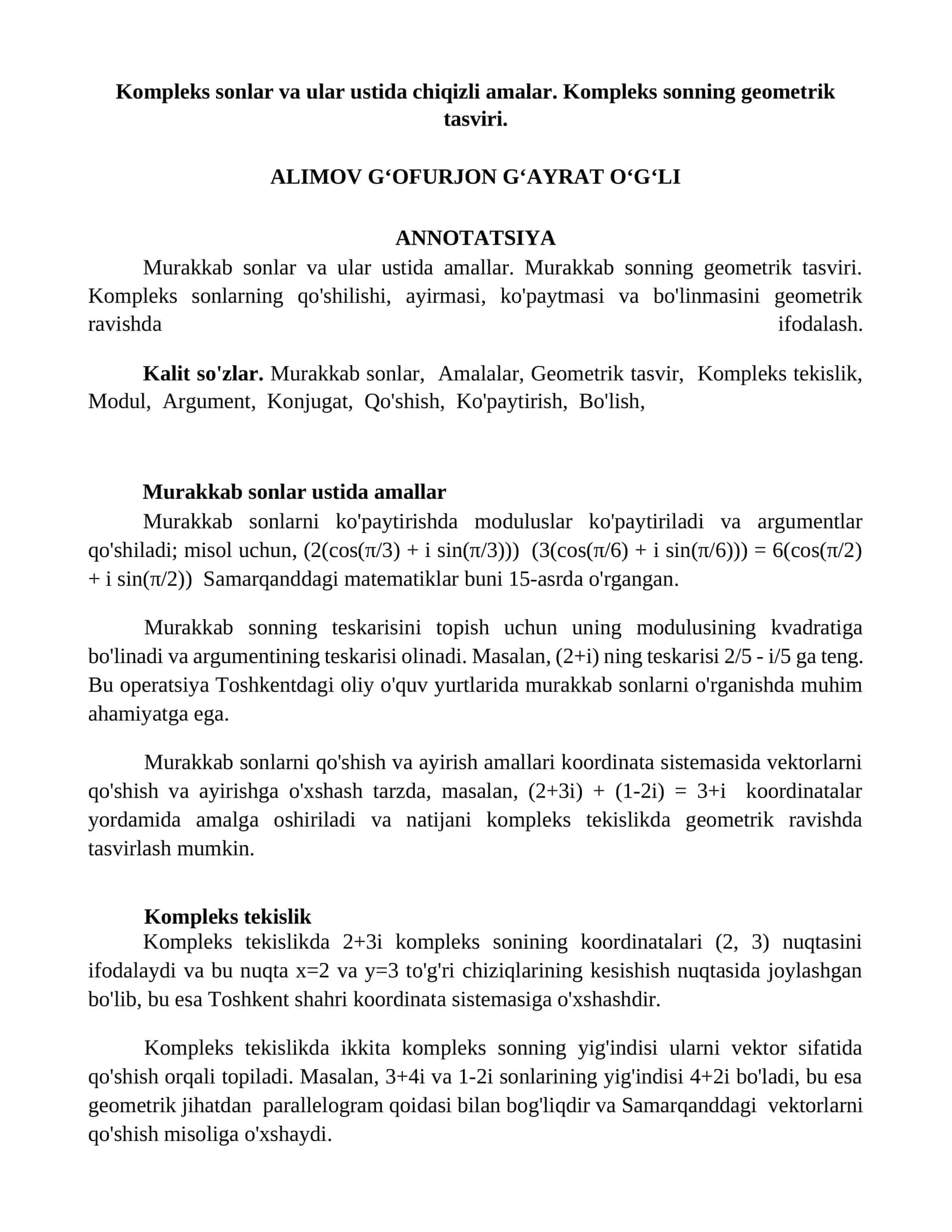 Murakkab sonlar va ular ustida amallar