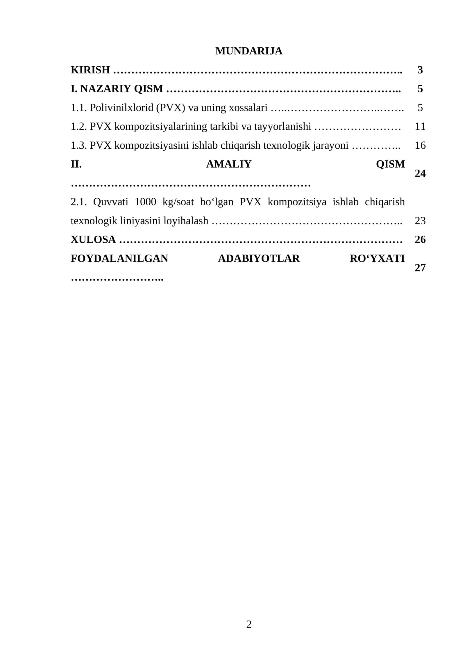 Quvvati 1000 kg/soat boʻlgan polivinilxlorid kompozitsiyasini ishlab chiqarish texnologik liniyasini loyihalash
