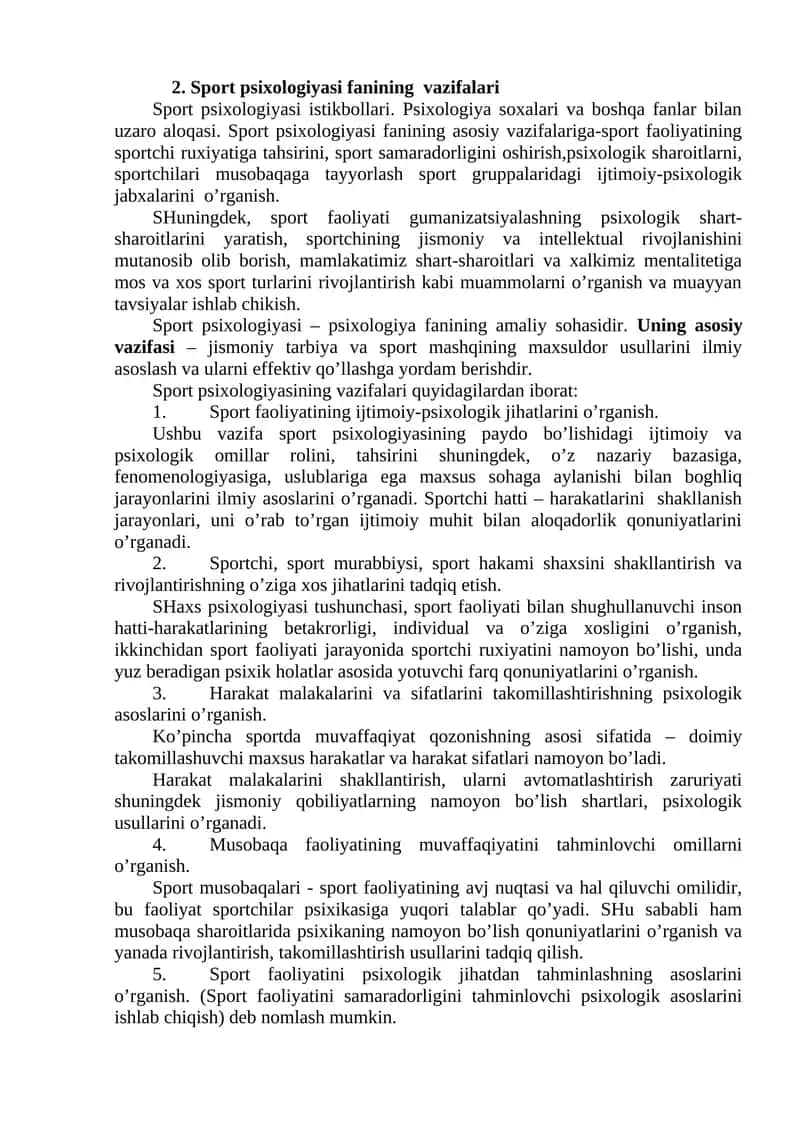 Sport psixologiyasi fanining vazifalari