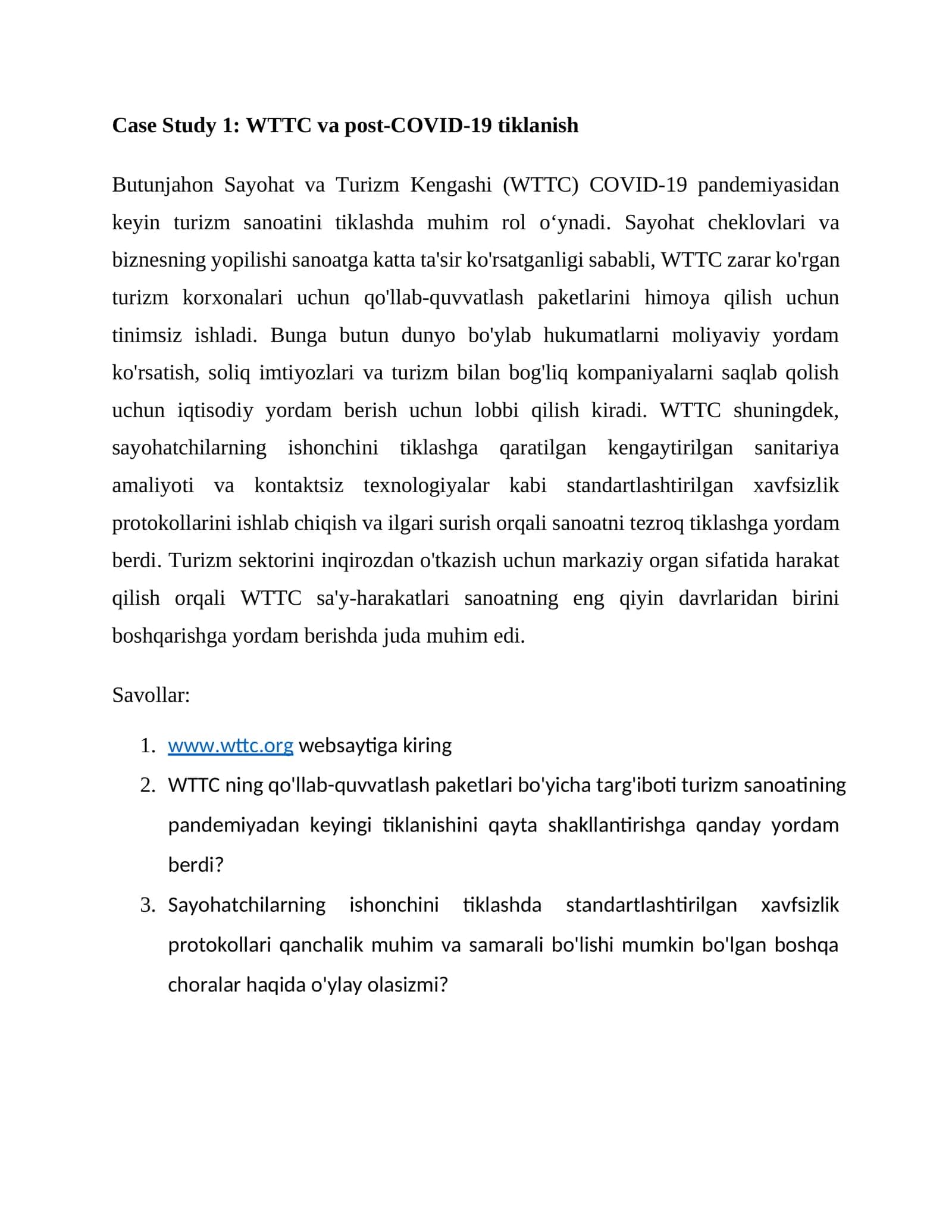 WTTC va post-COVID-19 tiklanish