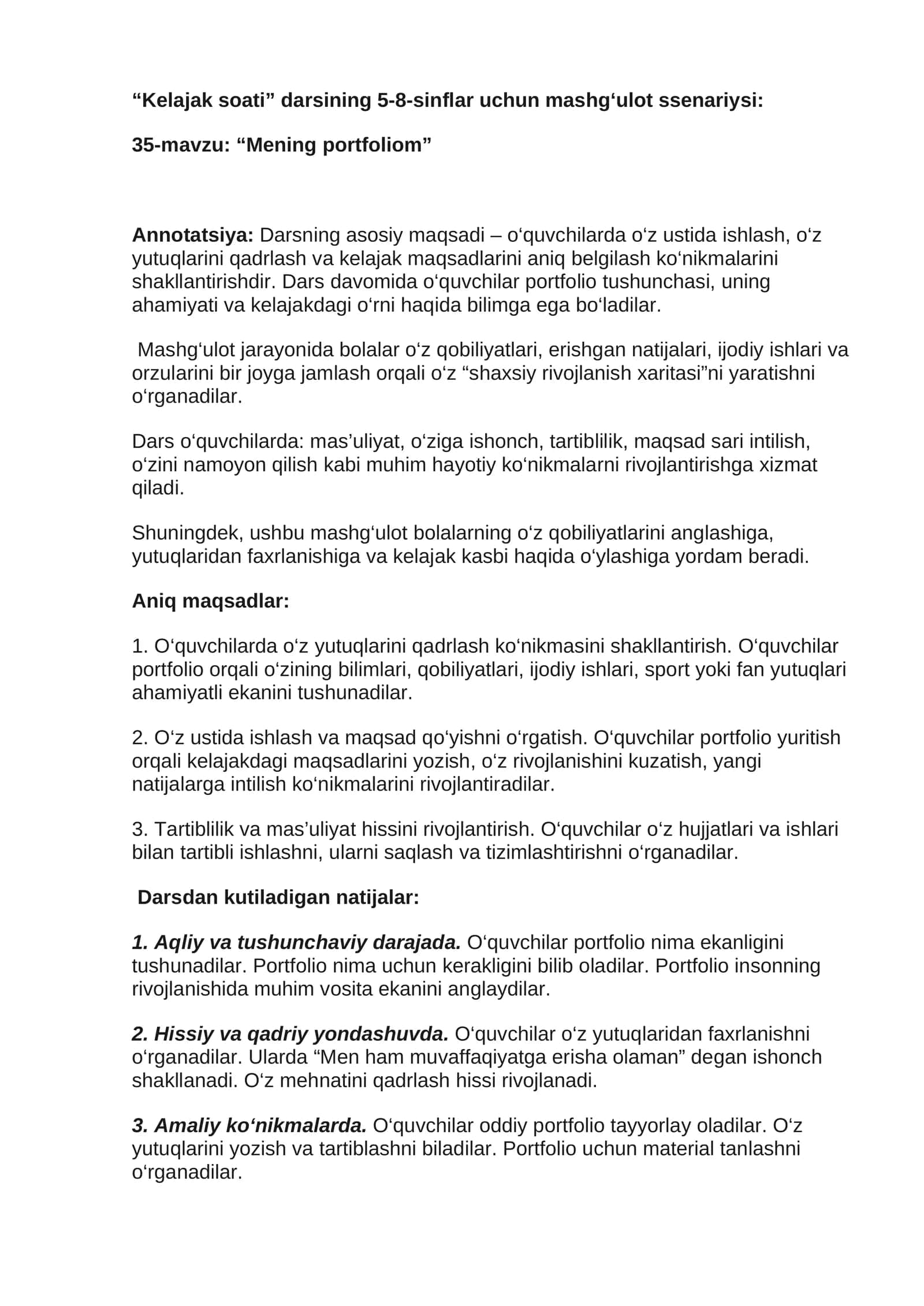 “Kelajak soati” darsining 5-8-sinflar uchun mashg‘ulot ssenariysi