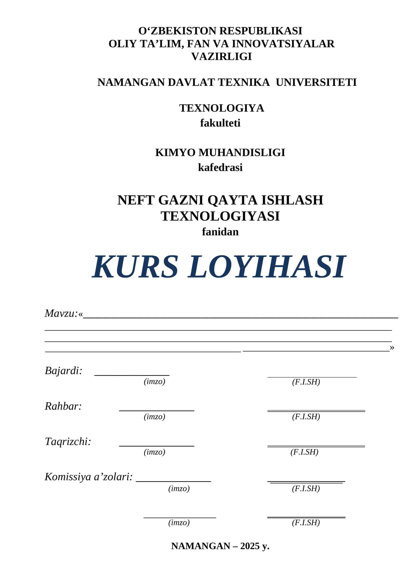 Kurs Loyihasi Neft Gazni Qayta Ishlash Texnologiyasi
