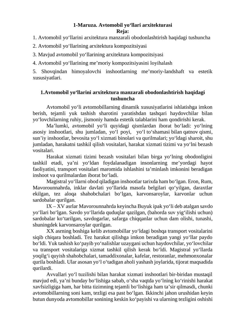 Maruza. Avtomobil yo‘llari arxitekturasi