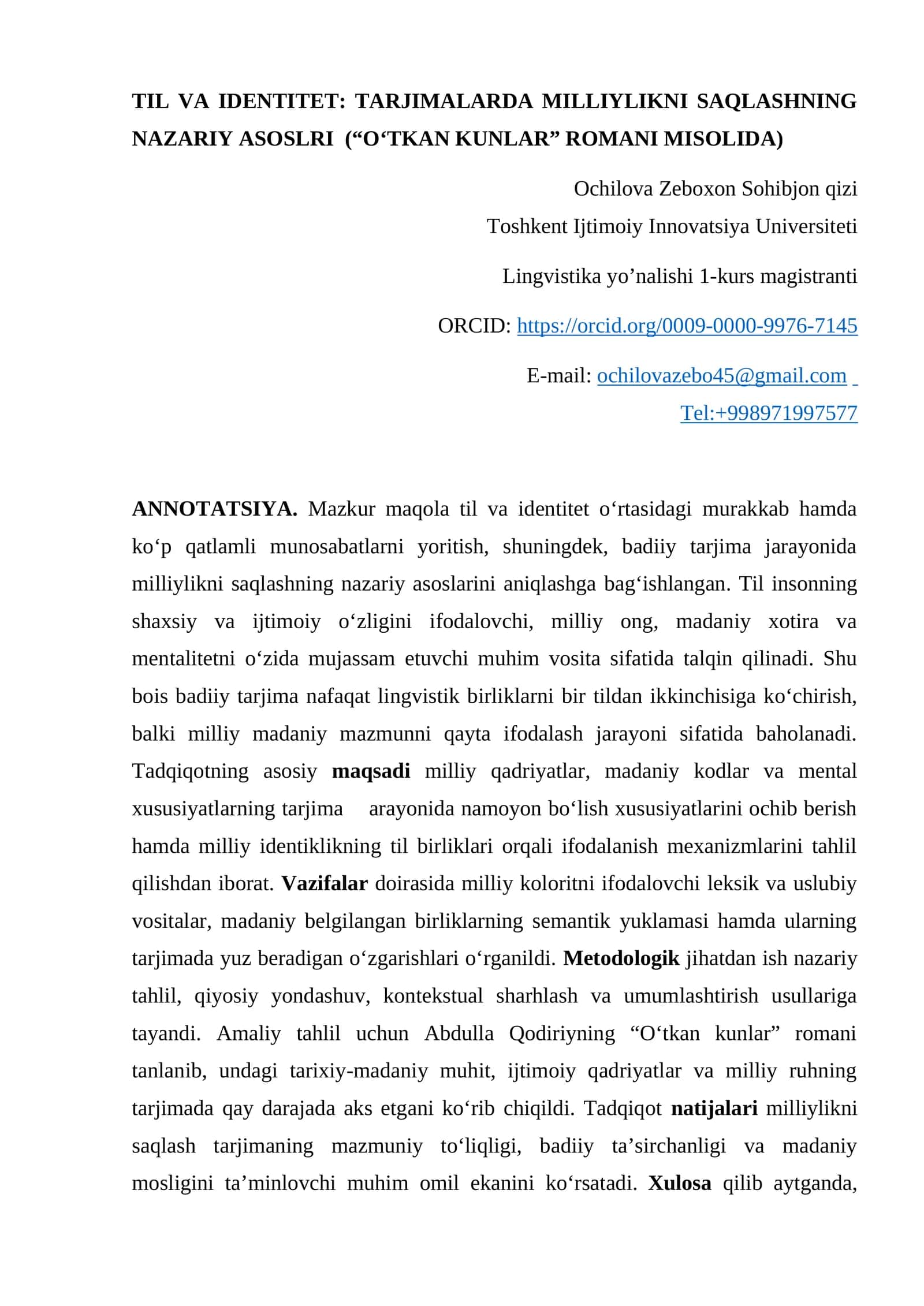 Til va identitet tarjimalarda milliylikni saqlashning nazariy asoslari (O'tkan kunlar romani misolid