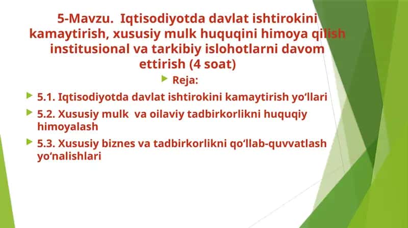 Iqtisodiyotda davlat ishtirokini kamaytirish, xususiy mulk huquqini himoya qilish institusional va tarkibiy islohotlarni davom ettirish
