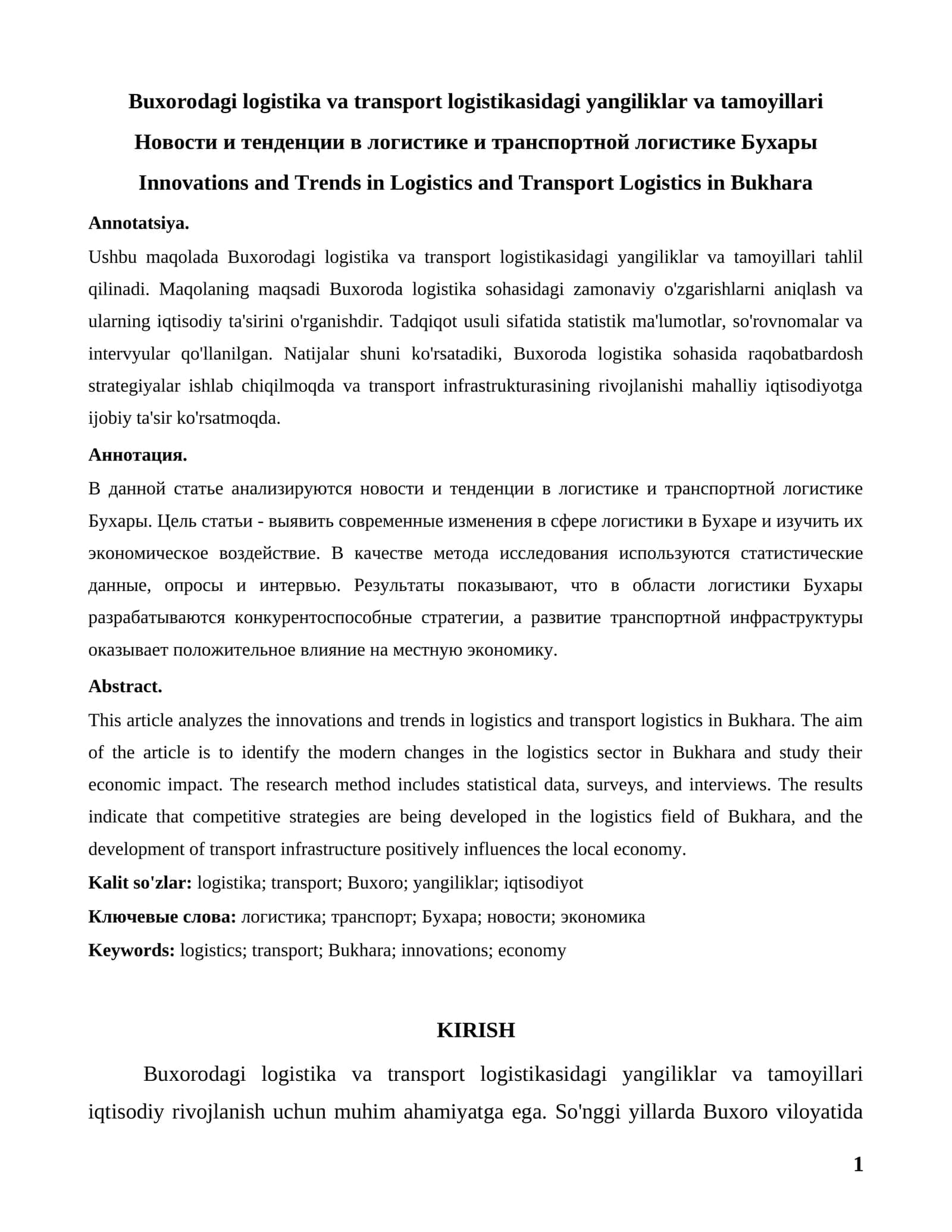 Buxorodagi logistika va transport logistikasidagi yangiliklar va tamoyillari