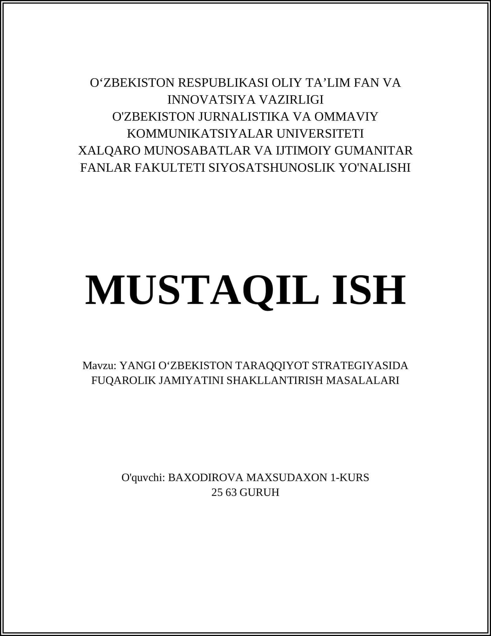 YANGI O‘ZBEKISTON TARAQQIYOT STRATEGIYASIDA FUQAROLIK JAMIYATINI SHAKLLANTIRISH MASALALARI