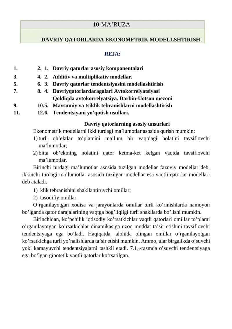 DAVRIY QATORLARDA EKONOMETRIK MODELLSHTIRISH