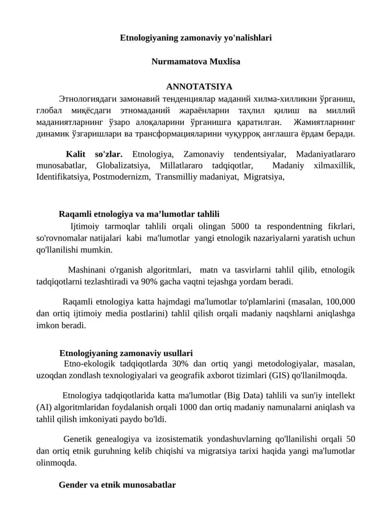 Etnologiyaning zamonaviy yo'nalishlari