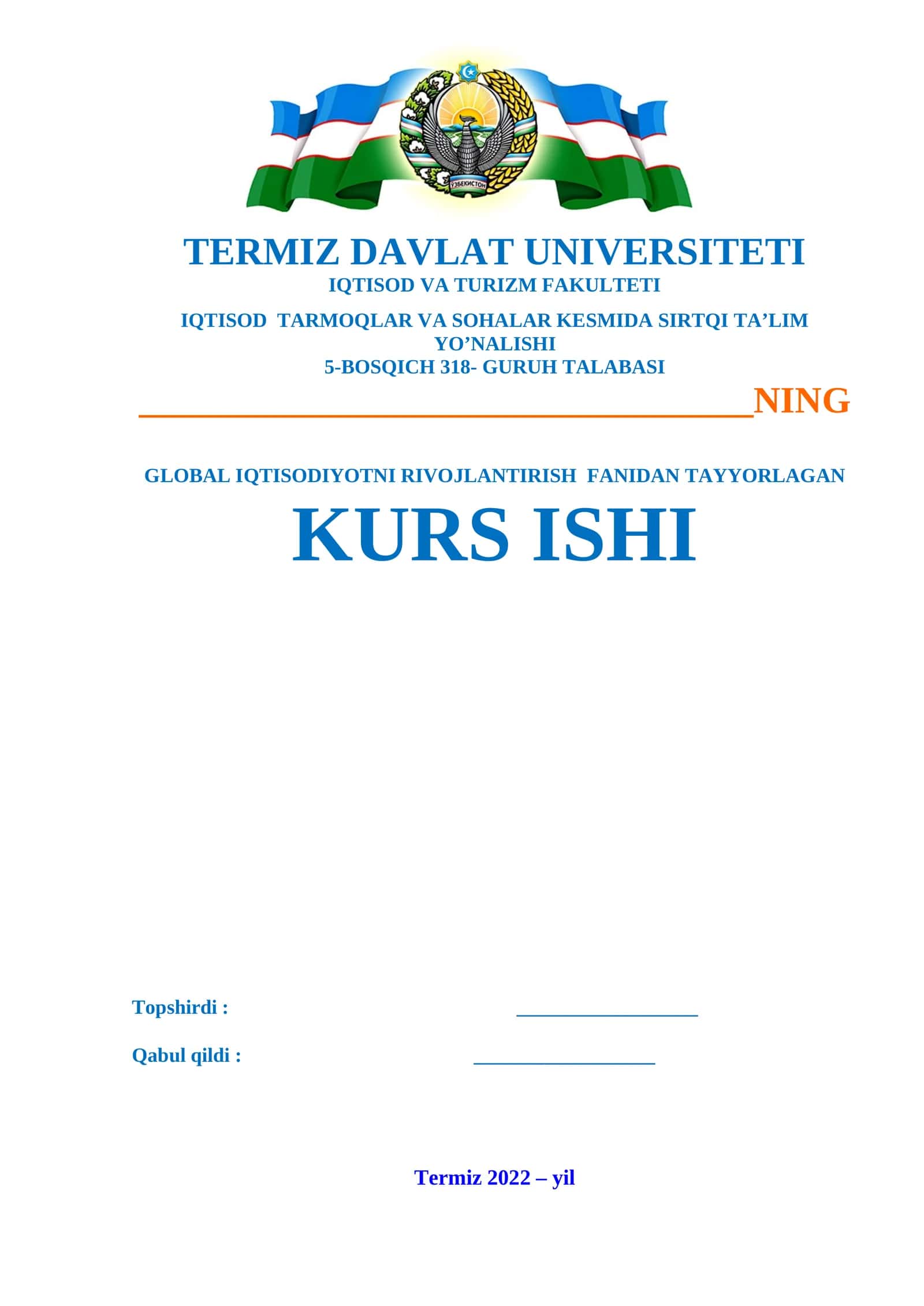 GLOBAL IQTISODIYOTNI RIVOJLANTIRISH FANIDAN KURS ISHI